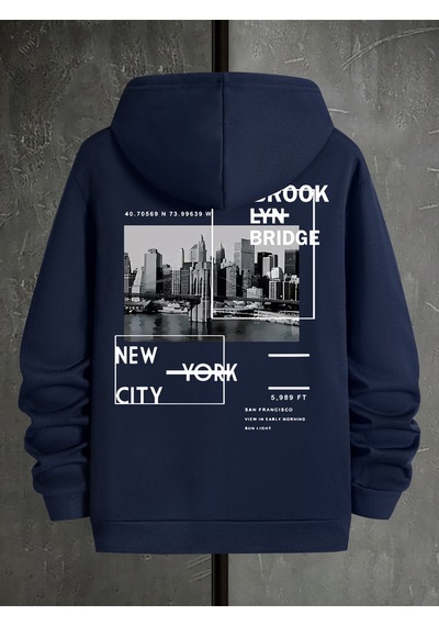 Uyguntarz Unisex Brooklyn Bridge Baskılı Oversize Sweatshirt Lacivert