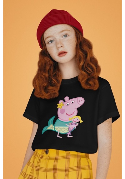 Sevbano Unisex Peppa Pig Baskılı Çizgi Film Çocuk Tişört 1-12 Yaş Siyah