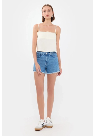 Hiccup Çizgili Kare Yaka Askılı Crop Top Beyaz