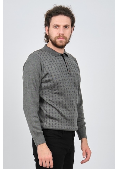 Çizgi Triko Erkek Cep Detaylı Polo Yaka Desenli Kazak 42544216 Gr Gri