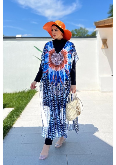Remsa Tesettür Mayo Üzerine Desenli Tek Kaftan Pareo 430-307 Arjantin Ekru