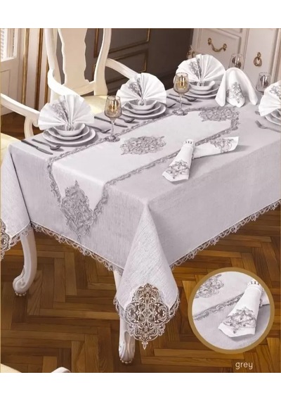 Elegant Linen Krem-gümüş 12 Kişilik 26 Parça Supla Runner Şık Premium Sofra Masa Takımı