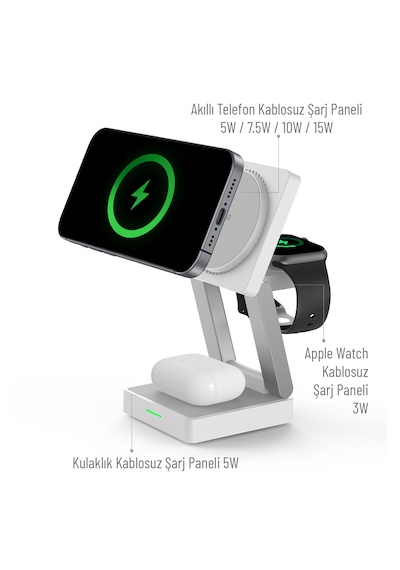 Woyax Wireless Qı2 Kablosuz Şarj Standı Katlanabilir Apple Uyumlu iPhone-iwatch-AirPods Uyumlu 15w Hızlı Telefon Kulaklık Saat 3in1 Beyaz