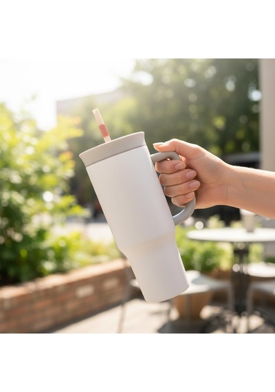 1200 Ml Pipetli Ve Kulplu Çelik Termos - Yeşil Ve Beyaz Renk Seçenekli Dev Boy Sıcak/soğuk Tutucu Seyahat Bardağı Beyaz Çok Renkli
