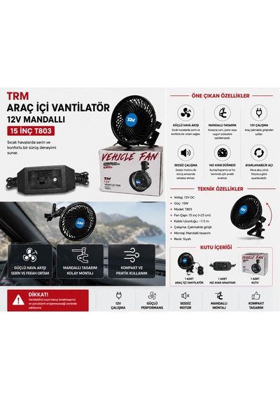 Trm Araç İçi Vantilatör 12v Mandallı 15 İnç Hız Ayarlı Siyah T803 -