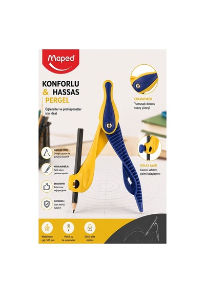 Sarı Plastik Pergel Kurşun Kalemli 1 Adet Maped Kidz 191611 Pergel Matematik Geometri Mimari Proje Teknik Çizim