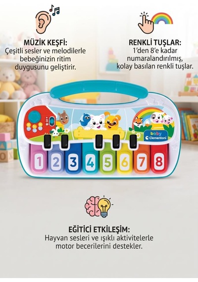 Clemento-ni Işıklı Ve Sesli 6 Farklı Modlu Eğitici Ve Öğretici 26 Cm Oyuncak Çocuk Piyanosu