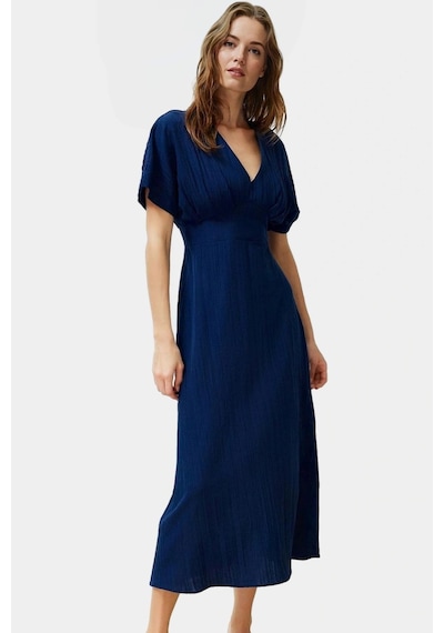 Ersefa Dokuma Polyester Maxi Elbise A Kesim V Yaka Rahat Yazlık Günlük K Lacivert