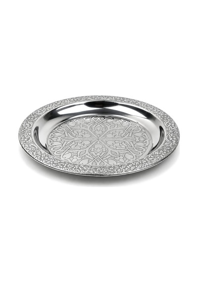 Binbir Trend 18 Cm İşlemeli Kenarlı Otantik Desenli Krom Çelik Meze Ve Servis Tabağı 1 Adet Gümüş