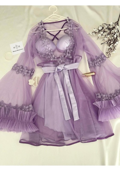Mh Moony Homewears Kutulu My Şeyhla Lila Destekli Gecelik Sabahlık Seti Mor