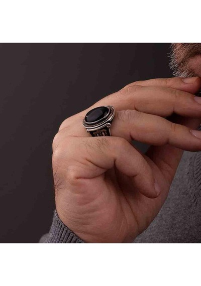 925 Ayar Gümüş Oval Tasarım Siyah Oniks Taşlı Erkek Yüzük