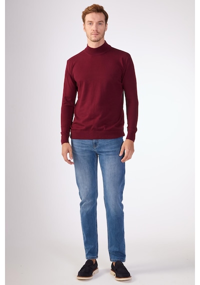 Dufy %100 Pamuk Düz Erkek Triko - Slim Fit Bordo