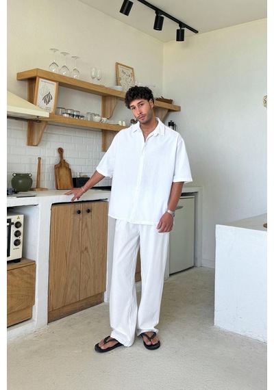 Flaw Basic Oversize Kısa Kol Keten Gömlek Beyaz-26088 Beyaz