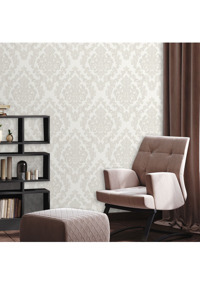 Adawall Zengin Damask Desen Duvar Kağıdı Rococo 1405-1/15, Açık Krem, 1.06x15.6m - 16.5m²