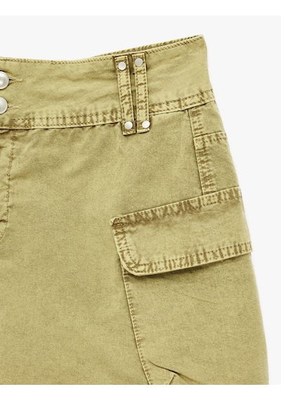 Koton Normal Bel Cep Detaylı Düğmeli Pamuklu Denim Kargo Cepli Carpenter Mini Şort Etek Haki 7wal70006mw