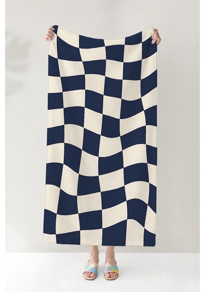 Damalı Dalgalı Modern Plaj Havlusu - Lacivert Ekru Minimalist Hızlı Kuruyan Mikrofiber Havlu Sedef Melisa