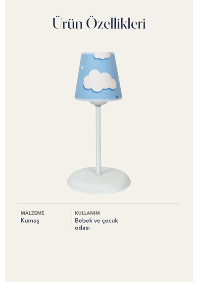 Bebek ve Çocuk Odası Konik Kumaş Abajur Masa Lambası Mavi Bulut