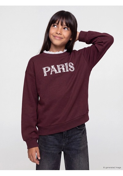 LC Waikiki Lcw Kids Mürdüm Kalın Paris Baskılı Kız Çocuk Sweatshirt Bordo