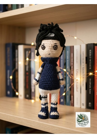 Sasuke Uchiha Amigurumi Örgü Oyuncak - Anime Hediyelik Figür 21 Cm Mavi