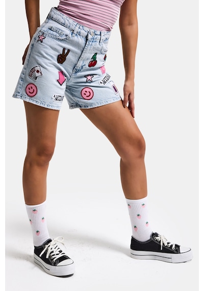 it's basic Kadın Ice 4s6-3 Relax Mom Fit Emoji Nakış Detaylı Özel Tasarım Denim Şort Ice Rengi