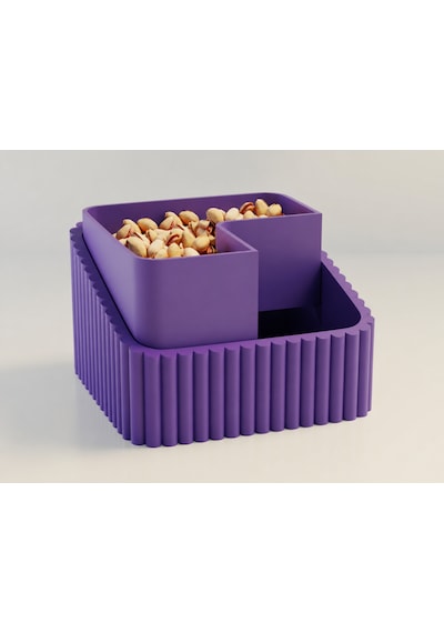 3d Baskı Fıstık Kasesi - Çift Hazneli Kabuk Ayırıcı Sunum Kasesi - Mor Mor