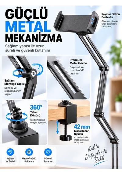 Tr 360 Döner Başlıklı Katlanabilir Ayarlanabilir Masa Kenarı Bağlantılı Metal Kollu Telefon Ve Tablet Tutucu S Genel