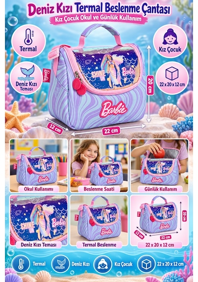 Barbie Deniz Kızı Termal Beslenme Çantası Kız Çocuk Okul Yemek Çantası Günlük 22x20x12 Cm Çok Renkli