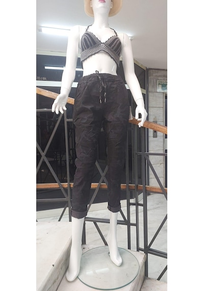 Eren Style Italyan Beli Bağlamalı Kamuflaj Desenli Dar Paça Pantolon-9078 Siyah