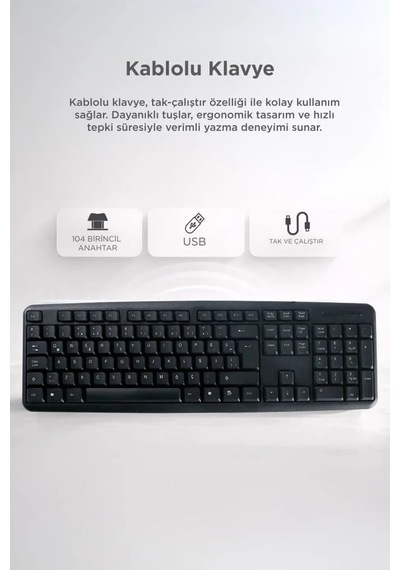 Delux Serisi Büro Büyük Ekipman Kablolu Q Klavye Bilgisayar Ofis Klavyesi Tk01 Siyah