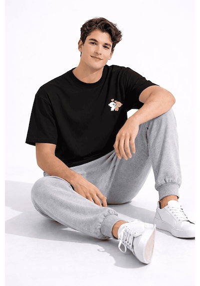Sevgili Kombini Ayıcık Baskılı Çift Tişört Oversize Unisex Partne Siyah