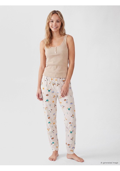 Lcw Dream Bej Beli Lastikli Desenli Kadın Pijama Altı