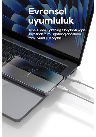 Type-c To Lightning Apple iPhone Uyumlu  Şarj Kablosu 30w Pd Hızlı Şarj, 480mbps, 1.2m Beyaz-v0207002