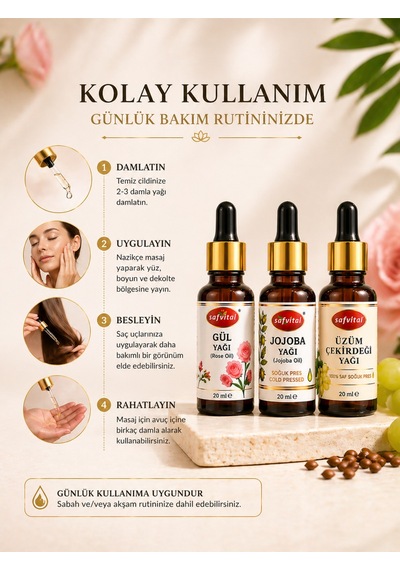 Gül+jojoba+üzüm Çekirdeği Yağı Cilt Bakım Yağ Seti 3 Lü Işıltı Ve Nem Desteği 3x20 Ml