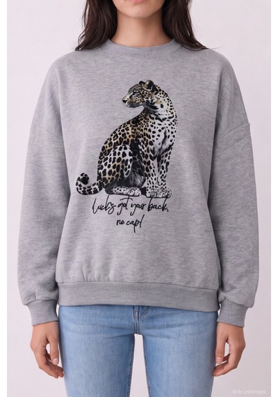 Quzu Baskı Nakış Detaylı Sweatshirt Gri Melanj