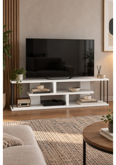 Sulorahome 140 Cm Tv Unit With Shelves And Metal Side Supports Beyaz