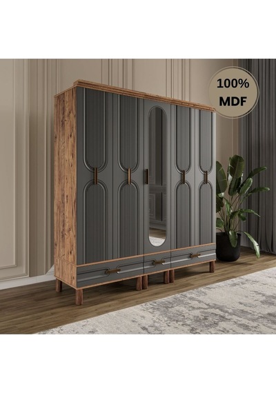 Zen 5 Kapak Ayaklı Tasarım Country Mdf Gardırop Antrasit