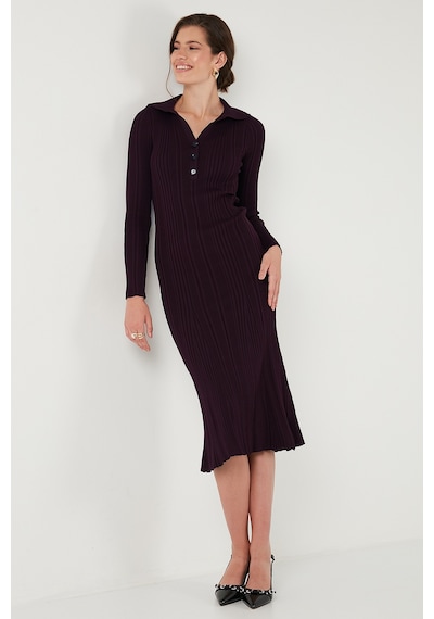 Lela Premium Fitilli V Yaka Slim Fit Midi Boy Triko Bayan Elbise 680El00282 Mürdüm