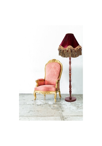 Bordo Gold Saçak Vintage Lambader Kumaş Kaplama Kahverengi Ahşap