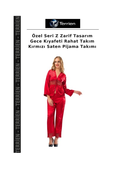 Terrien Özel Seri Z Zarif Tasarım Gece Kıyafeti Rahat Takım Kırmızı Saten Pijama Takımı