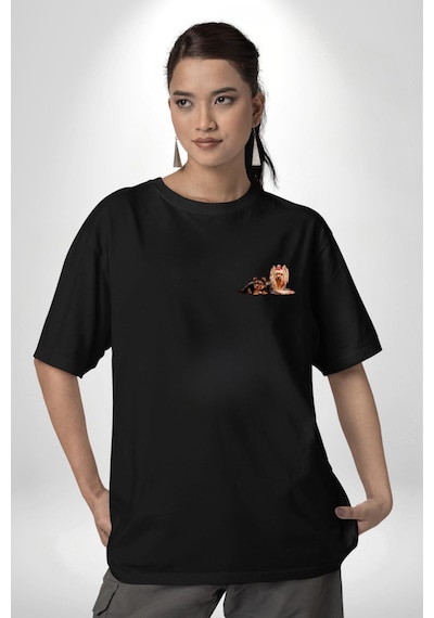 Yorkshire Teacup Ve Anne Köpek Siyah Oversize Unisex Ön Sol Yan Minimal Baskılı Tişört Koyu Siyah