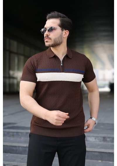 Veraura Lifestyle Erkek Örgü Desenli Renkli Kısa Kollu Triko Tişört Kahverengi