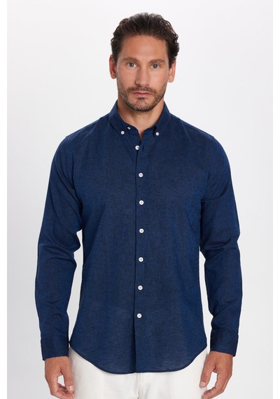 Tudors Erkek Slim Fit Dar Kesim Uzun Kollu Keten Premium Seri Düğmeli Yaka Spor İndigo Gömlek-32820 İndigo