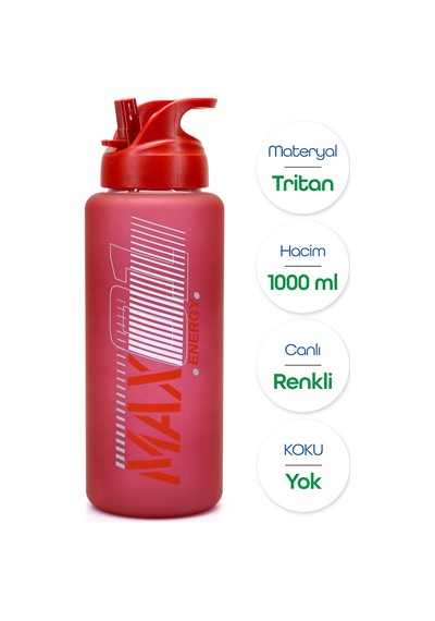 Büyük Su Matarası Tritan Pipetli Su Şişesi Max Spor Matarası Suluğu Bpasız 1000 Ml Kırmızı 0112
