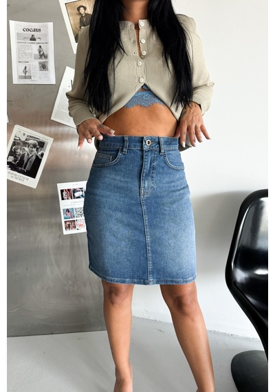 HLT Jeans Kadın Açık Mavi Yıkamalı Regular Fit Yüksek Bel Likralı Denim Kot Etek Alice-4003