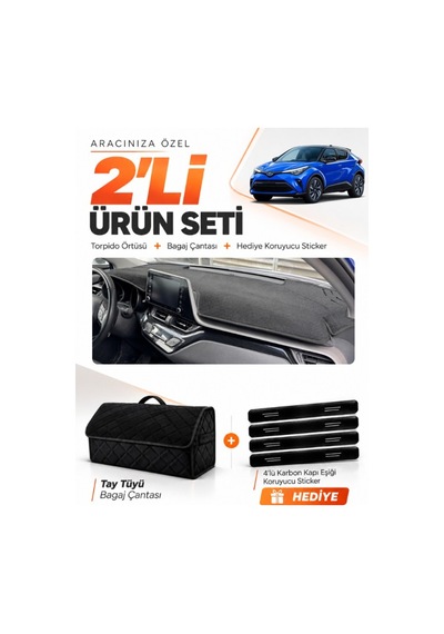 Toyota Chr 2016-2022 Uyumlu Torpido Örtüsü + Tay Tüyü Bagaj Çantası + Sticker Seti - Siyah