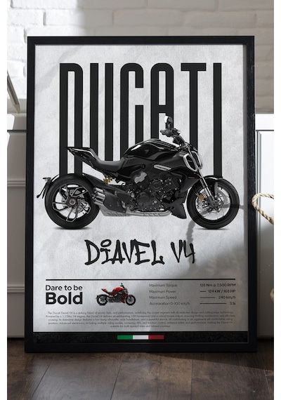 Ducati Diavel V4 Siyah Ahşap Çerçeveli Poster, Dekoratif Motosiklet Duvar Tablosu