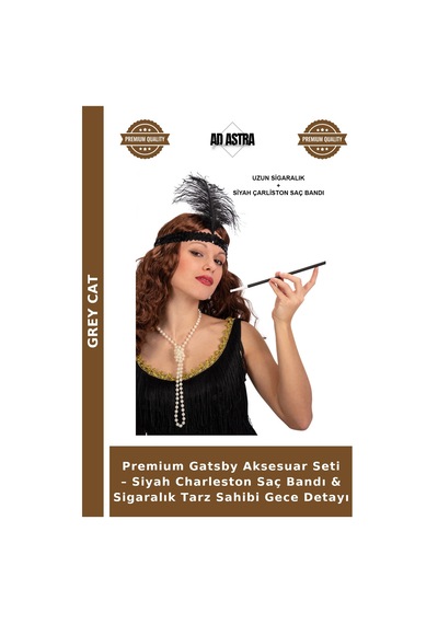 Grey Cat Premium Gatsby Aksesuar Seti Siyah Charleston Saç Bandı & Sigaralık Tarz Sahibi Gece Detayı