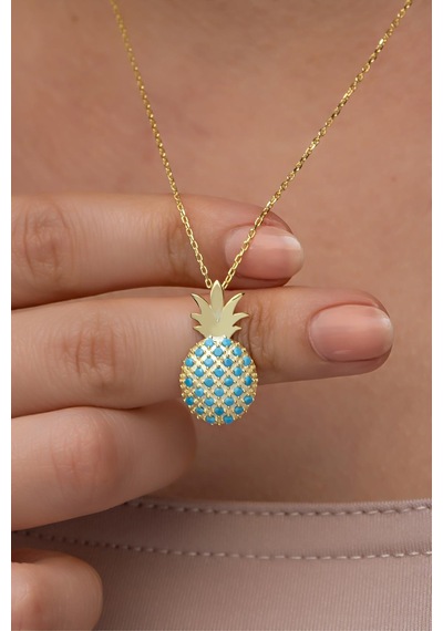 Nereze 925 Ayar Gümüş Gold Kaplama Turkuaz Taşlı Ananas Kolye
