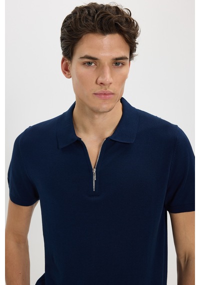 Tudors Erkek Slim Fit Dar Kesim Pamuklu Örme Triko Fermuarlı Lacivert Polo Yaka Tişört-46228