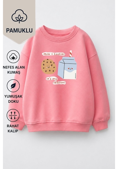 Monila Kız Çocuk 3 İplik Kumaş Pamuklu Kurabiye Baskılı Sweatshirt Pembe